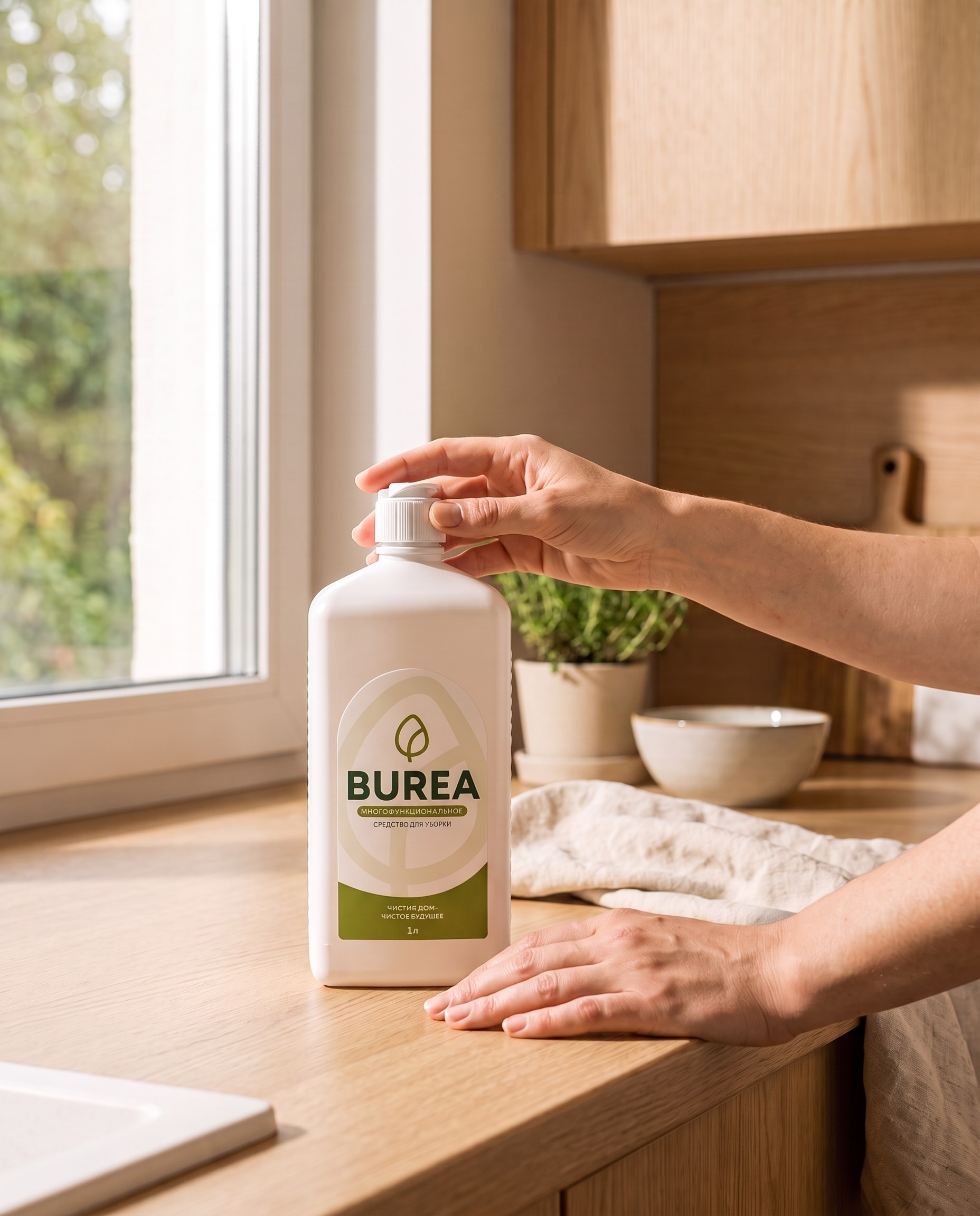 Кухня в светлом доме, на столе флакон BUREA